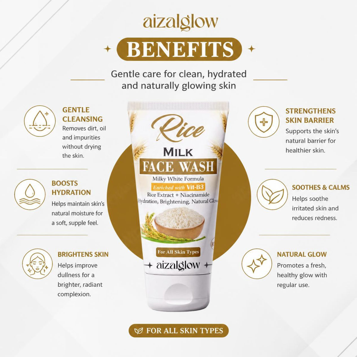 Aizal Glow Rice Milk Face Wash — Rice Extract + Niacinamide (Vitamin B3)