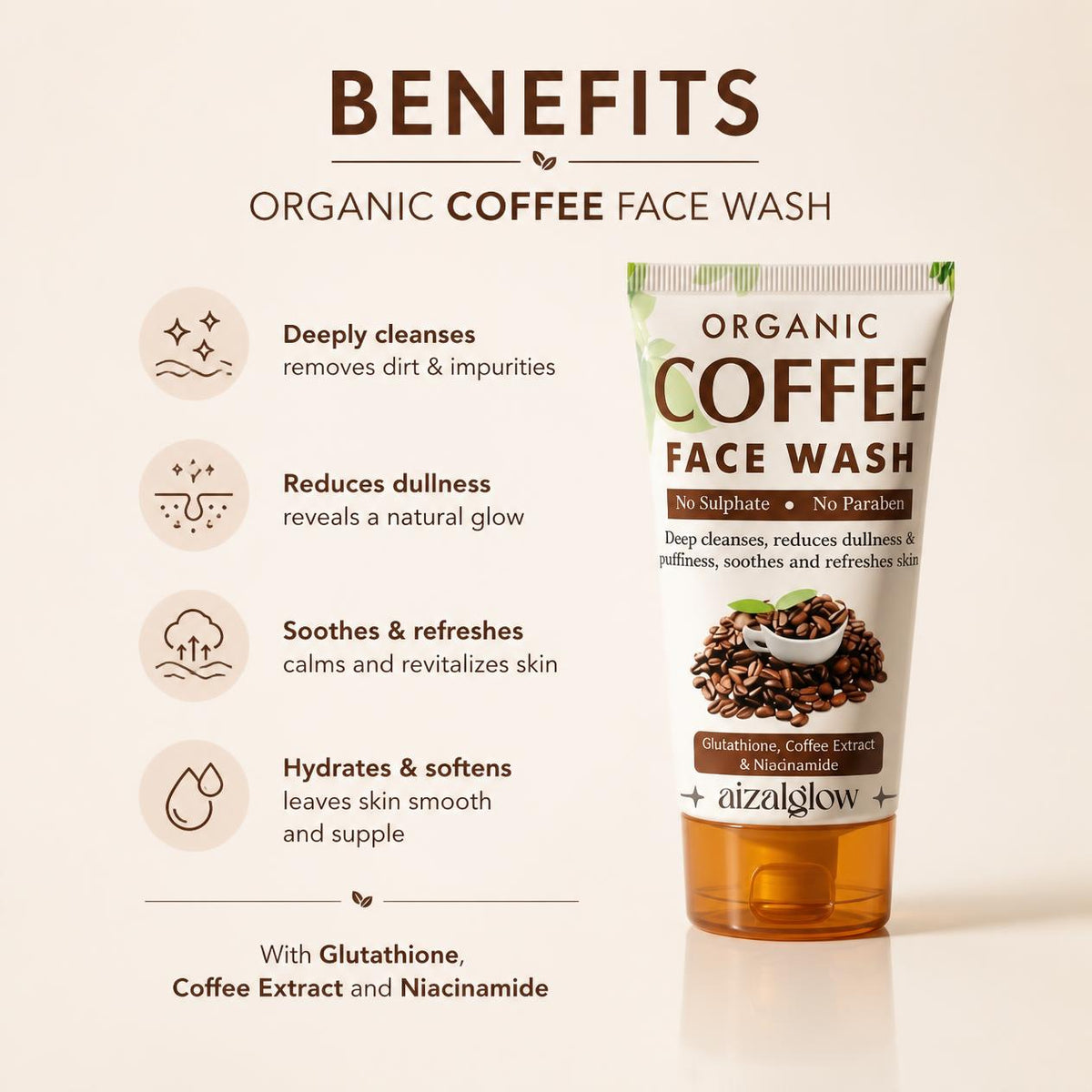 Aizal Glow Organic Coffee Face Wash –with Coffee Extract, Glutathione & Niacinamide