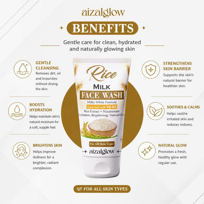 Aizal Glow Rice Milk Face Wash — Rice Extract + Niacinamide (Vitamin B3)