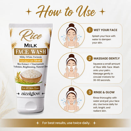 Aizal Glow Rice Milk Face Wash — Rice Extract + Niacinamide (Vitamin B3)