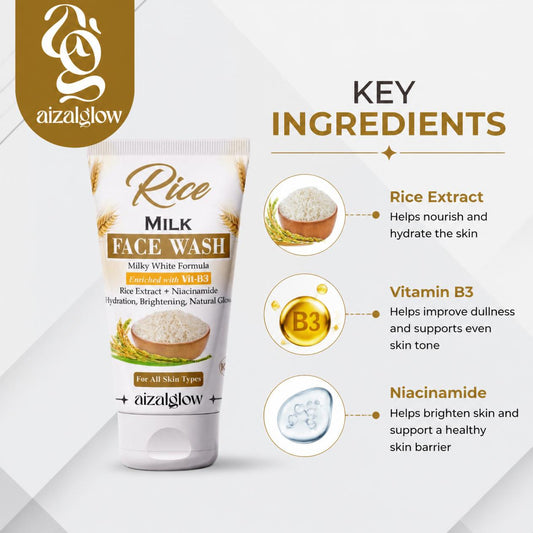 Aizal Glow Rice Milk Face Wash — Rice Extract + Niacinamide (Vitamin B3)
