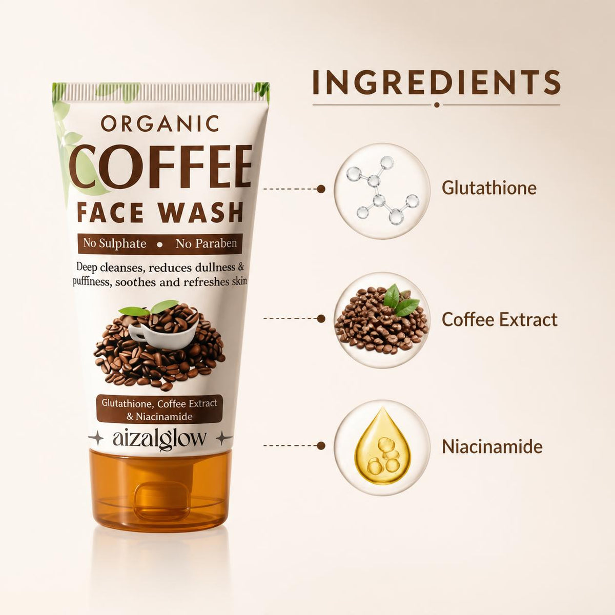 Aizal Glow Organic Coffee Face Wash –with Coffee Extract, Glutathione & Niacinamide
