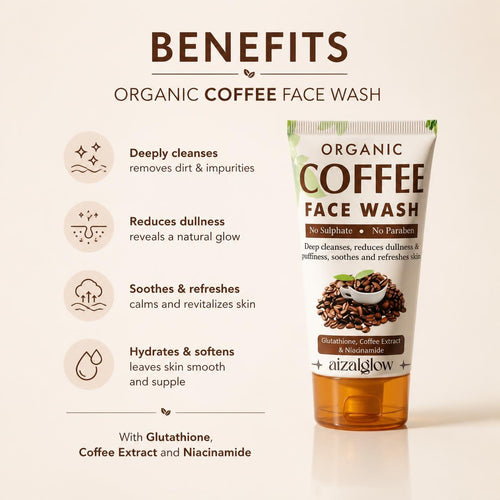 Createanotherversionofthefourthproduct-pageimageasaBenefitsinfographicfortheOrganicCoffeeFaceWash.Keeptherealistictubeandoriginalprintedpackagingexactlyunchanged.Addonlythefourspeci_b6986423-02ef-4cee-8a5a-e64f1afccf07 - AIZAL GLOW