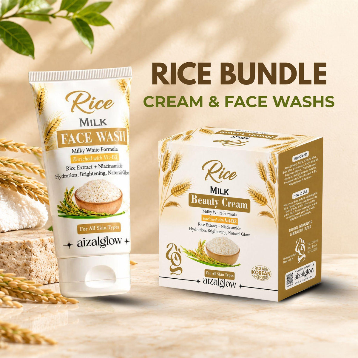 Aizal Glow Rice Glow Bundle featuring Rice Milk Face Wash and Rice Milk Beauty Cream with Rice Extract and Vitamin B3.