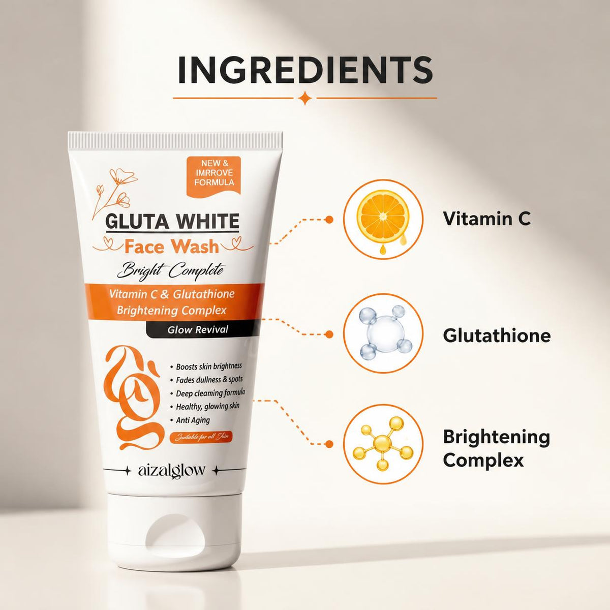Aizal Glow Gluta White Face Wash | Vitamin C & Glutathione Face Wash